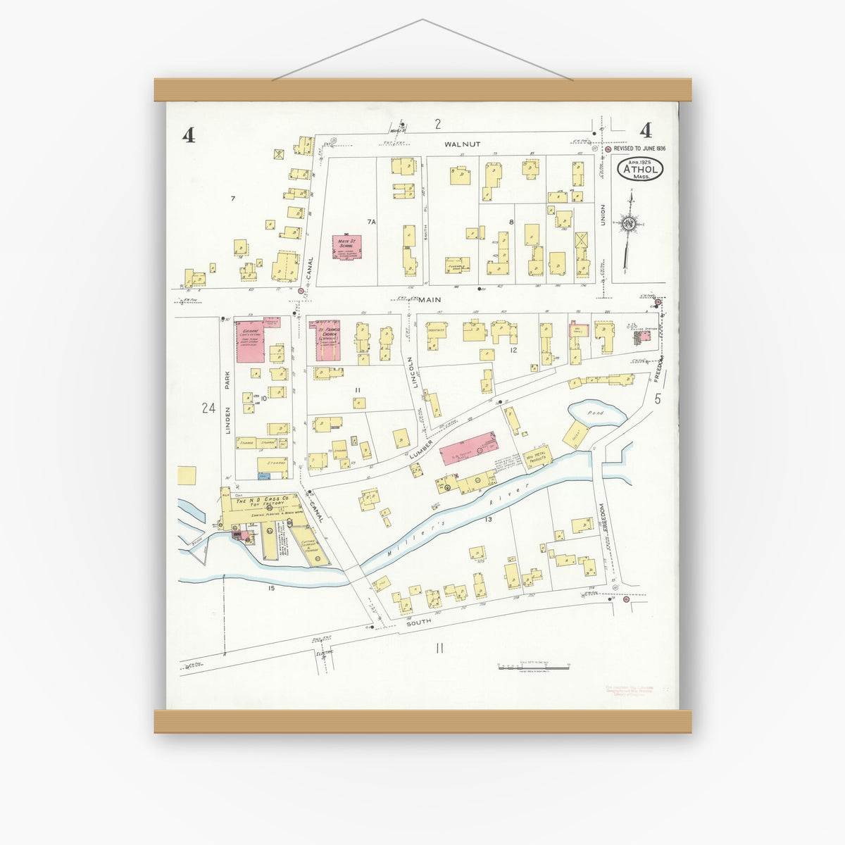 Old map wall art mockup — magnetic wood frame on white wall — Sanborn Fire Insurance Map from Athol, Worcester County, Massachusetts (1936), Sheet #0004