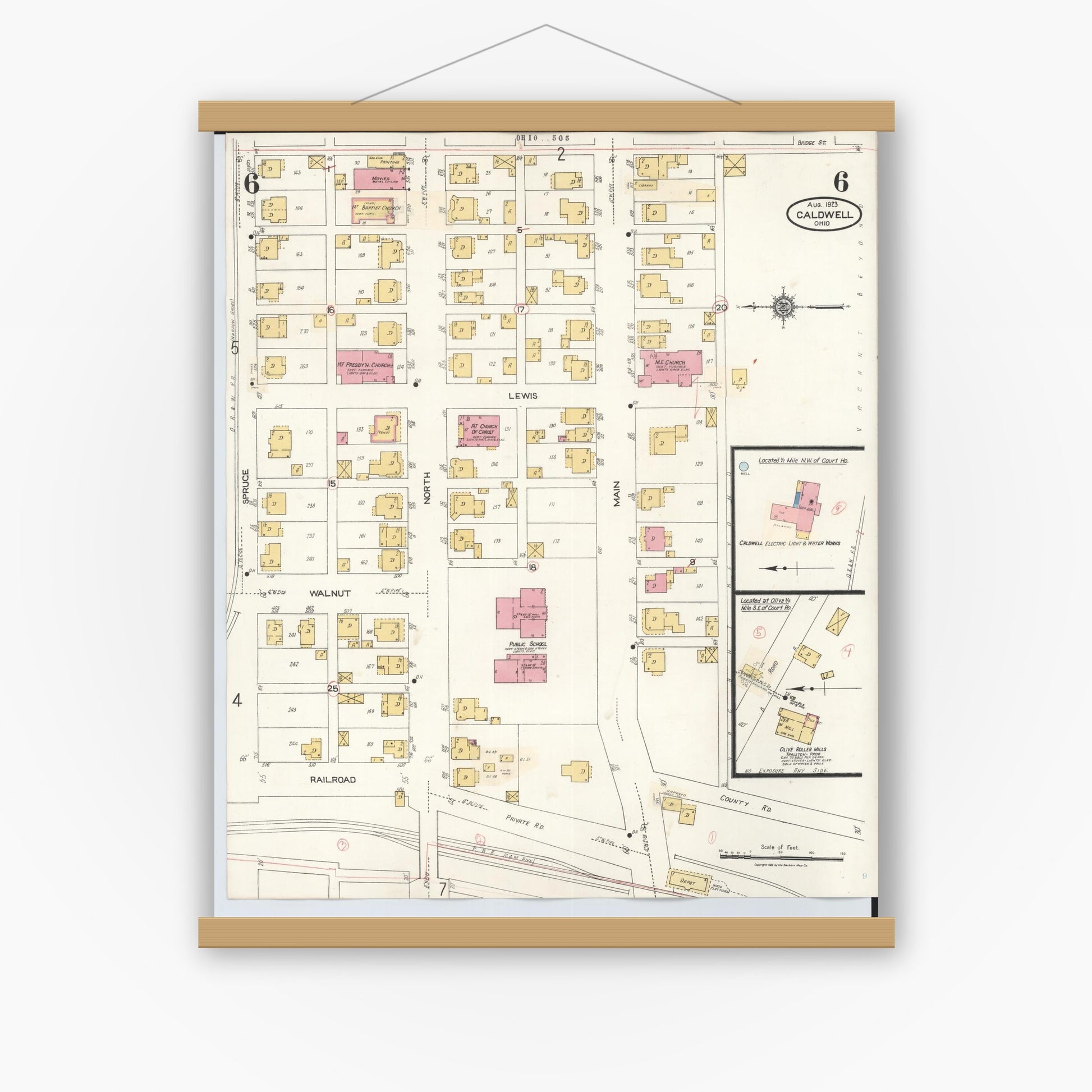 Old map wall art mockup — magnetic wood frame on white wall — Sanborn Fire Insurance Map from Caldwell, Noble County, Ohio (1932), Sheet #0006
