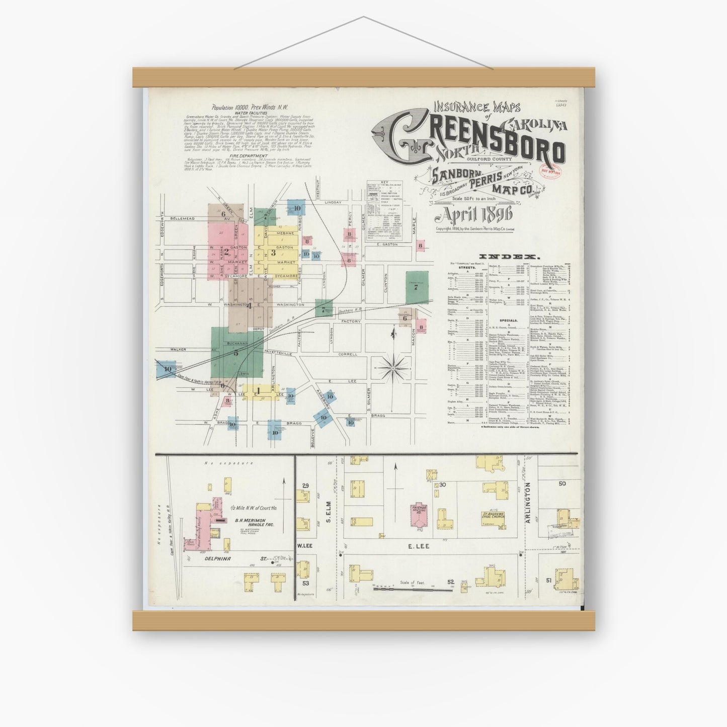 Old map wall art mockup — magnetic wood frame on white wall — Sanborn Fire Insurance Map from Greensboro, Guilford County, North Carolina (1896), Sheet #0001