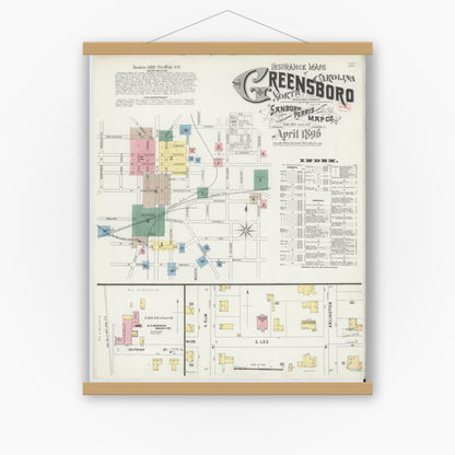Old map wall art mockup — magnetic wood frame on white wall — Sanborn Fire Insurance Map from Greensboro, Guilford County, North Carolina (1896), Sheet #0001
