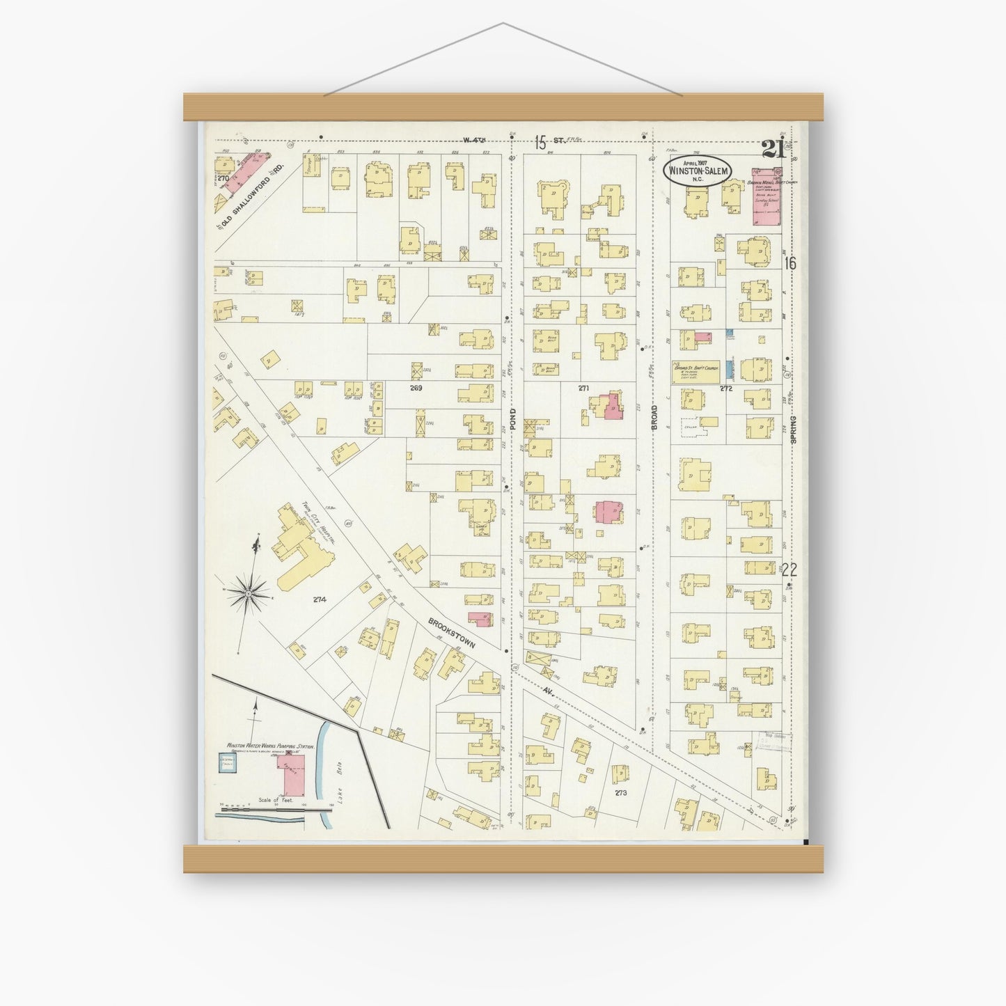 Old map wall art mockup — magnetic wood frame on white wall — Sanborn Fire Insurance Map from Winston-Salem, Forsyth County, North Carolina (1907), Sheet #0021