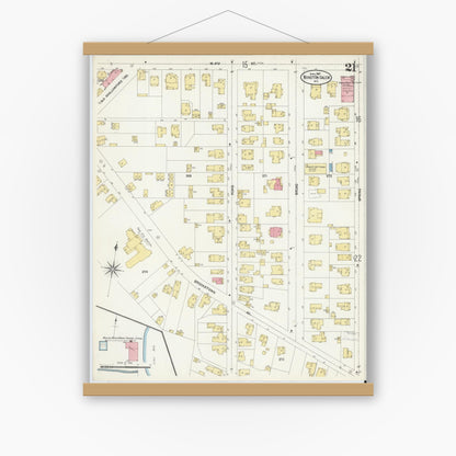 Old map wall art mockup — magnetic wood frame on white wall — Sanborn Fire Insurance Map from Winston-Salem, Forsyth County, North Carolina (1907), Sheet #0021