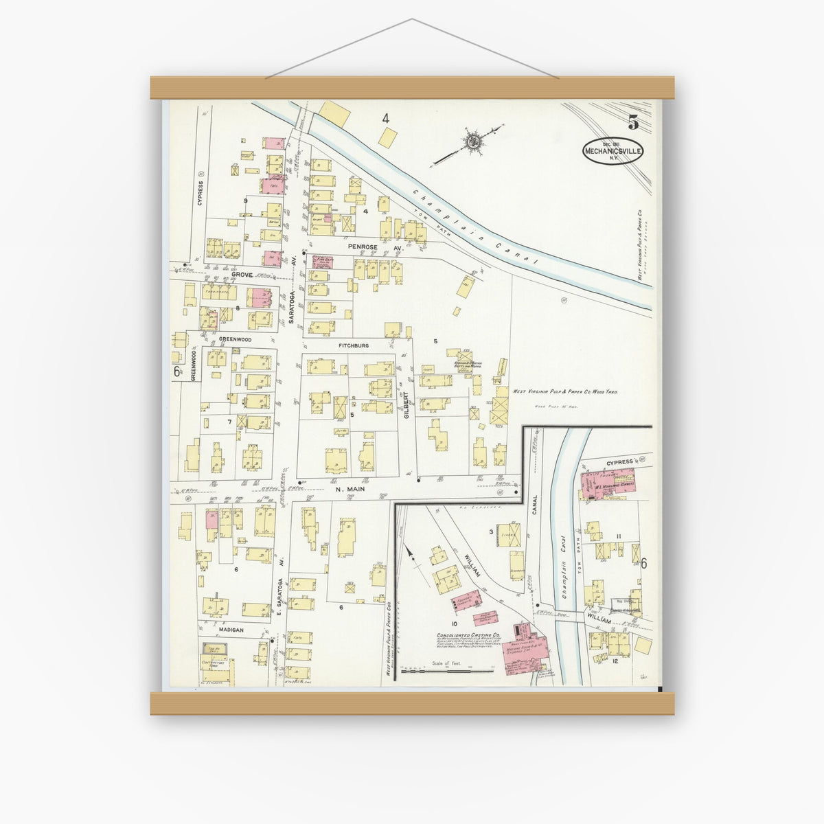 Old map wall art mockup — magnetic wood frame on white wall — Sanborn Fire Insurance Map from Mechanicville, Saratoga County, New York (1911), Sheet #0005