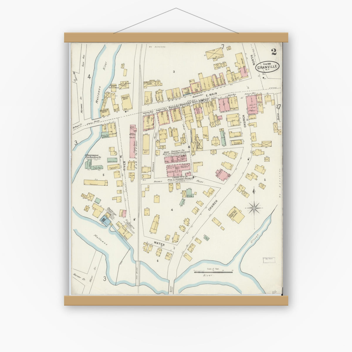 Old map wall art mockup — magnetic wood frame on white wall — Sanborn Fire Insurance Map from Granville, Washington County, New York (1898), Sheet #0002