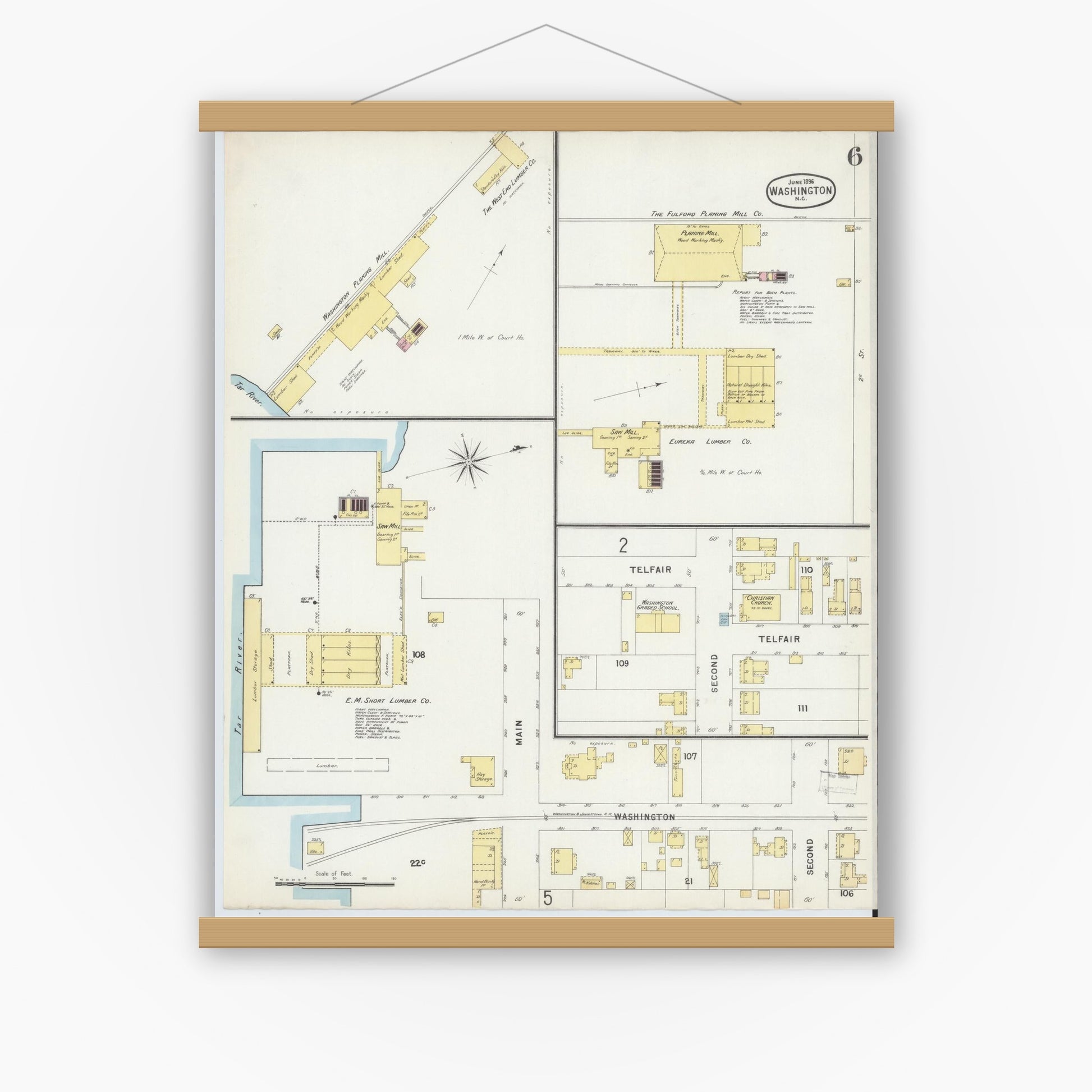 Old map wall art mockup — magnetic wood frame on white wall — Sanborn Fire Insurance Map from Washington, Beaufort County, North Carolina (1896), Sheet #0006