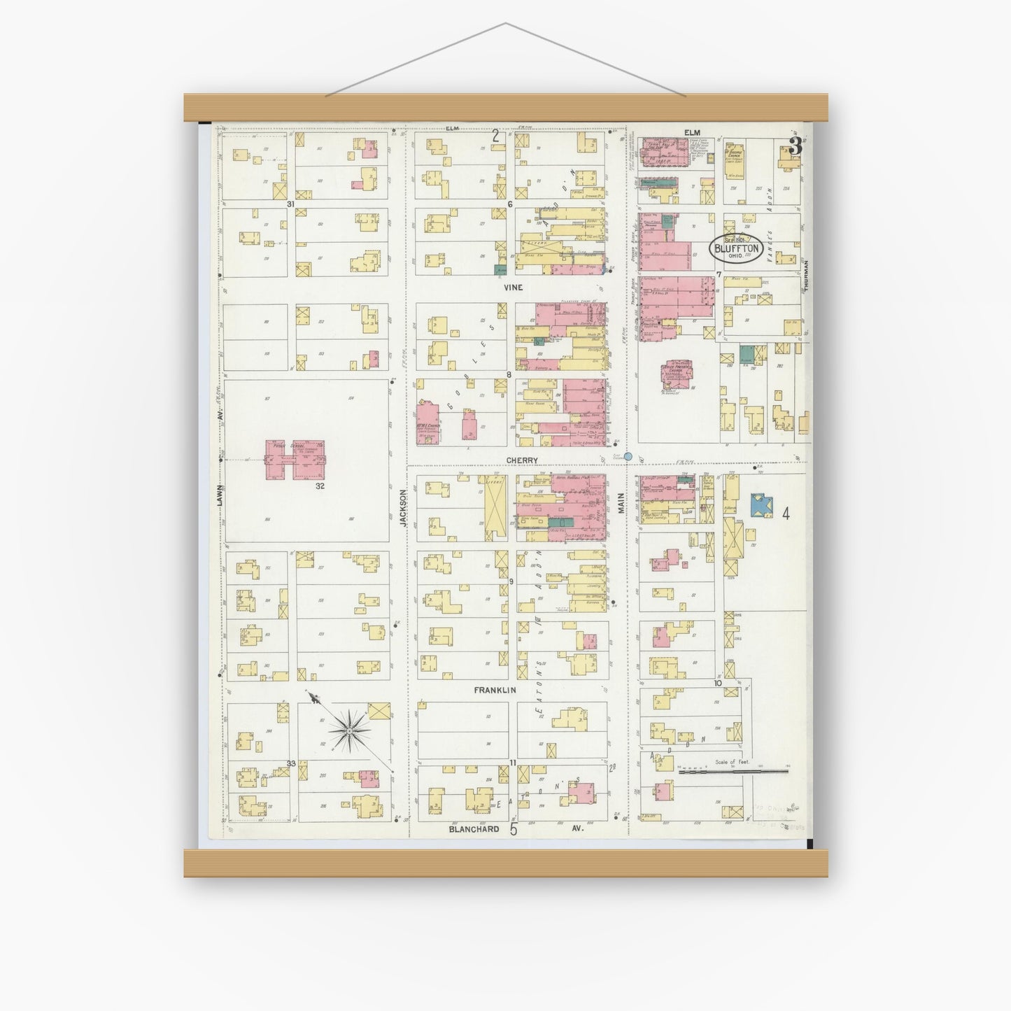 Old map wall art mockup — magnetic wood frame on white wall — Sanborn Fire Insurance Map from Bluffton, Allen County, Ohio (1901), Sheet #0003