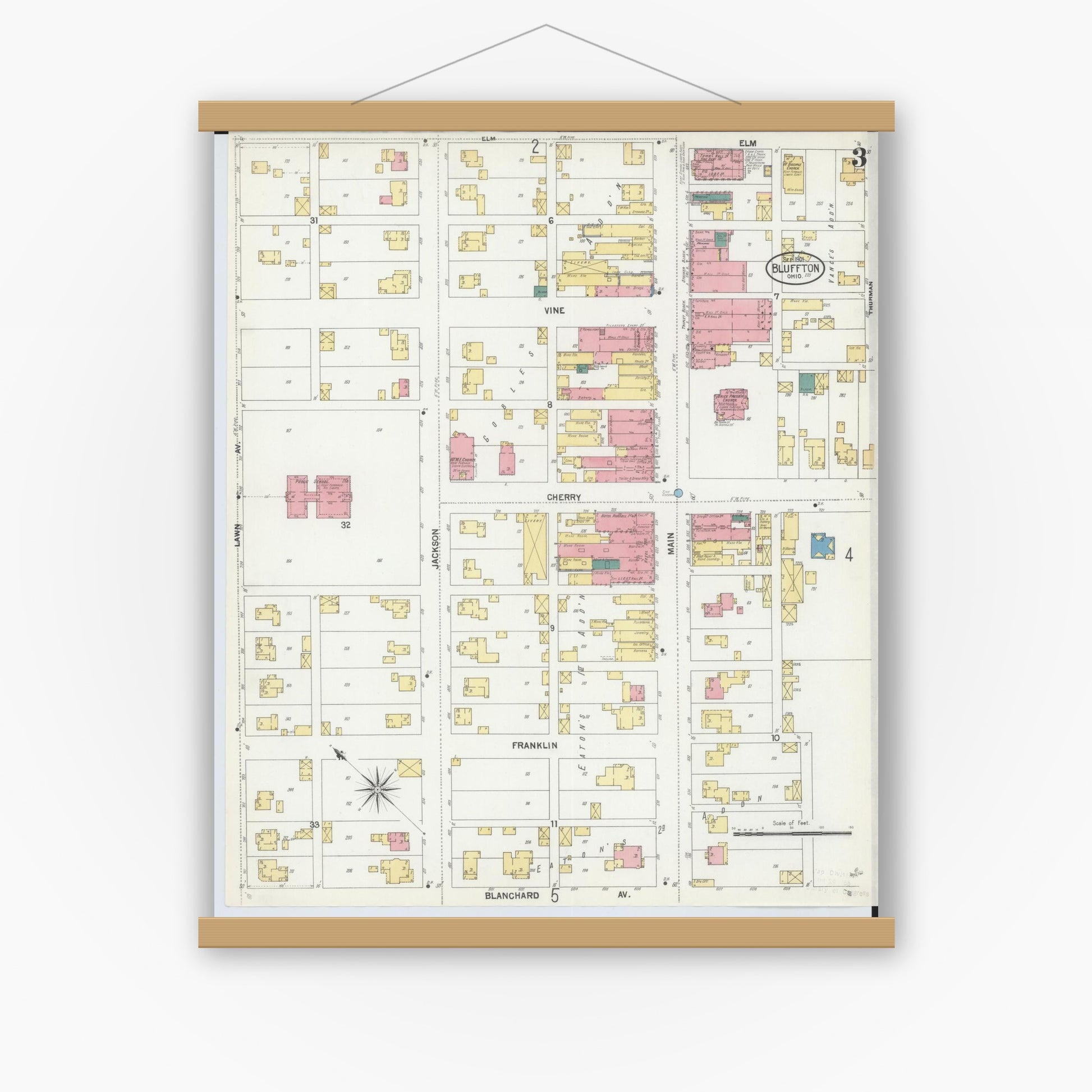 Old map wall art mockup — magnetic wood frame on white wall — Sanborn Fire Insurance Map from Bluffton, Allen County, Ohio (1901), Sheet #0003