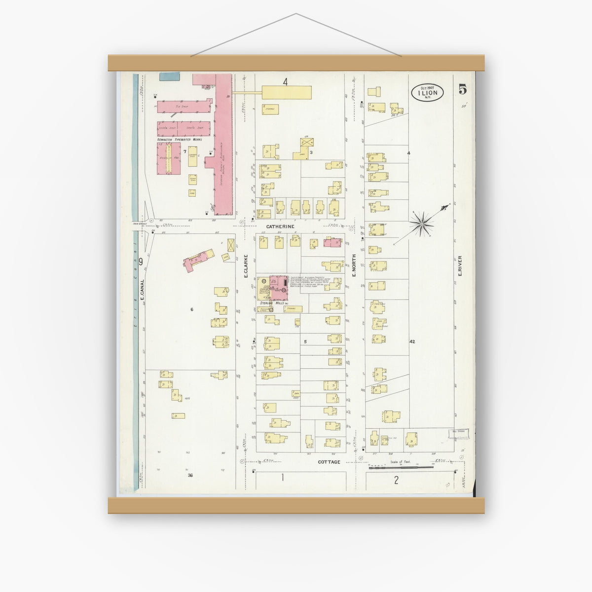 Old map wall art mockup — magnetic wood frame on white wall — Sanborn Fire Insurance Map from Ilion, Herkimer County, New York (1907), Sheet #0005