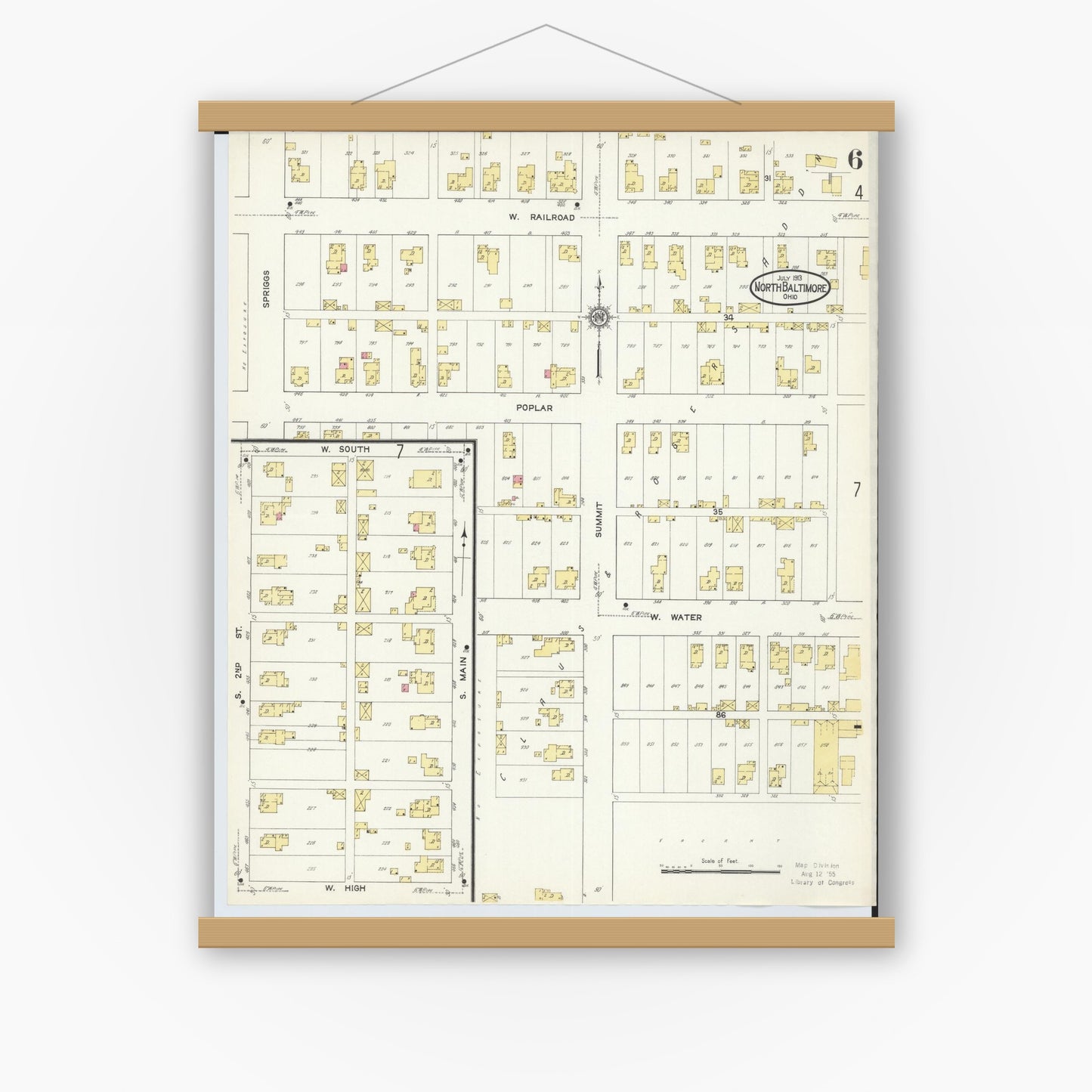 Old map wall art mockup — magnetic wood frame on white wall — Sanborn Fire Insurance Map from North Baltimore, Wood County, Ohio (1913), Sheet #0006