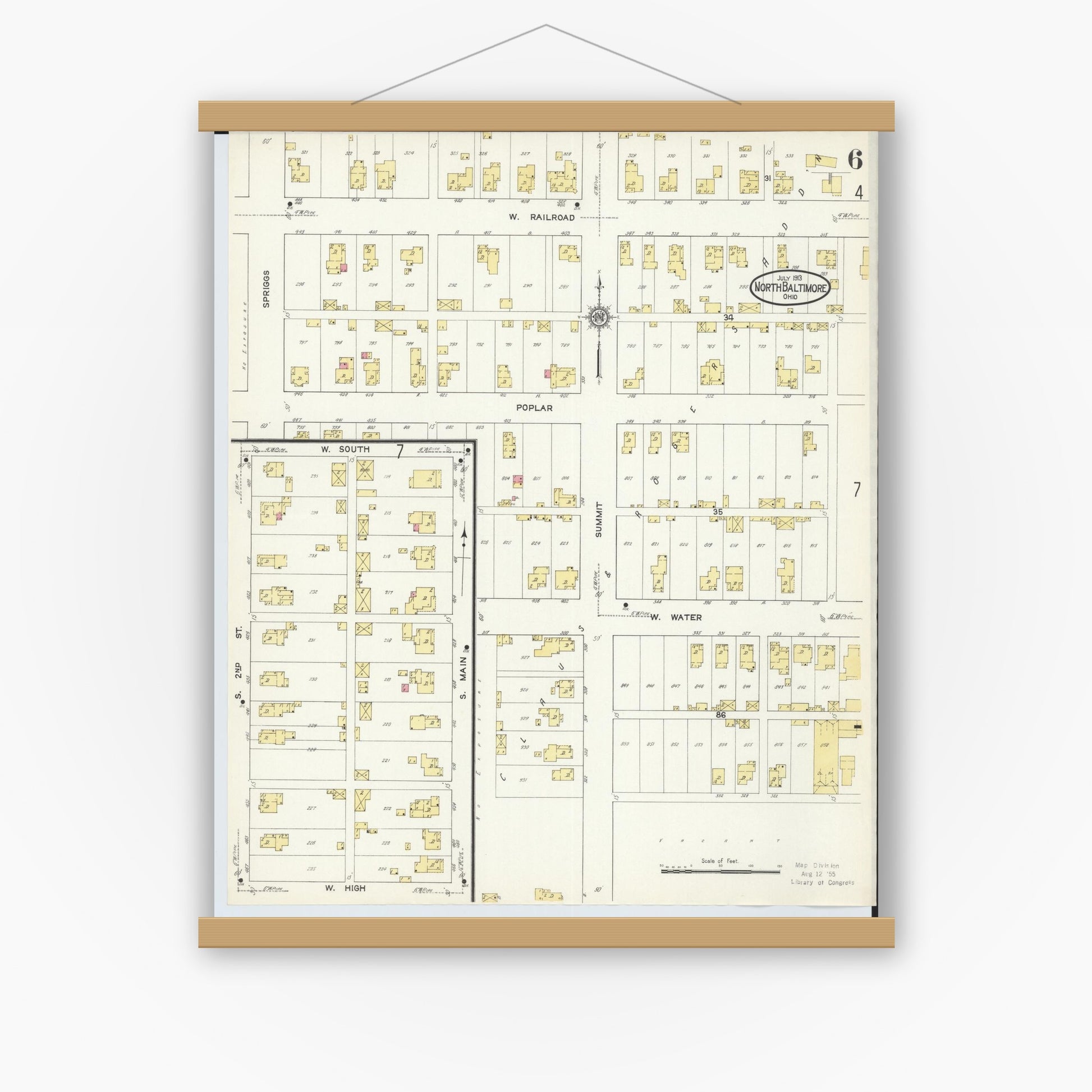 Old map wall art mockup — magnetic wood frame on white wall — Sanborn Fire Insurance Map from North Baltimore, Wood County, Ohio (1913), Sheet #0006