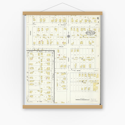 Old map wall art mockup — magnetic wood frame on white wall — Sanborn Fire Insurance Map from North Baltimore, Wood County, Ohio (1913), Sheet #0006