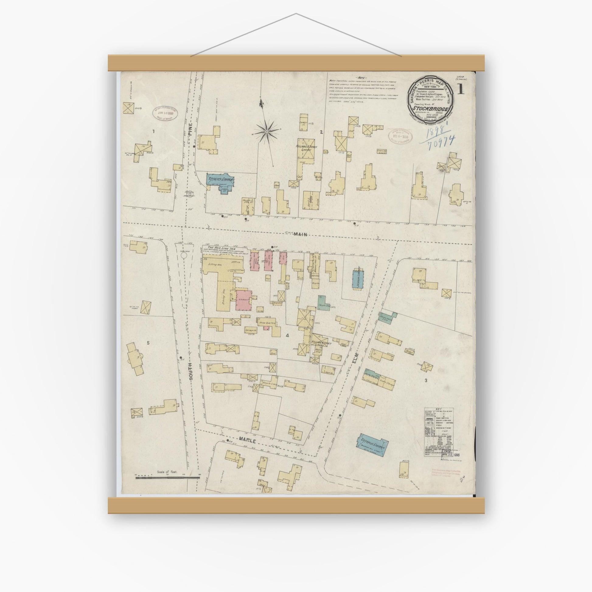 Old map wall art mockup — magnetic wood frame on white wall — Sanborn Fire Insurance Map from Stockbridge, Berkshire County, Massachusetts (1898), Sheet #0001