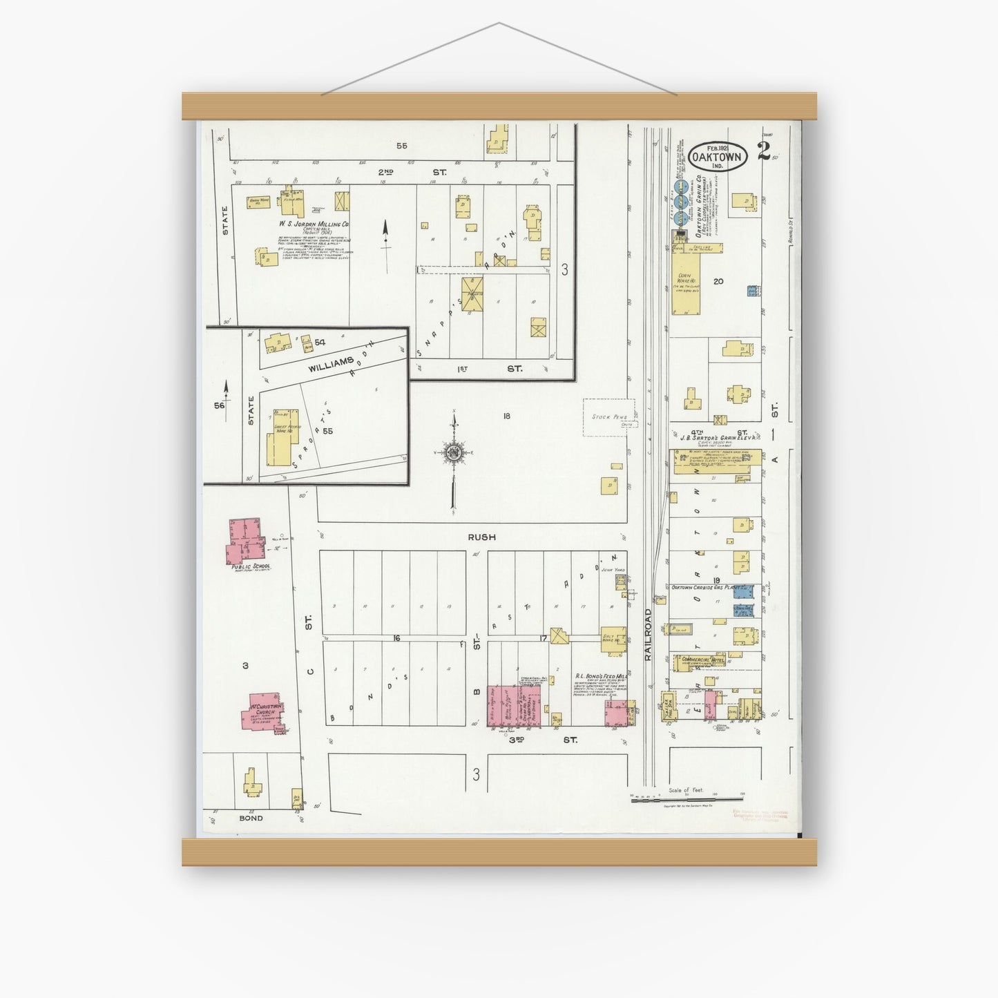 Old map wall art mockup — magnetic wood frame on white wall — Sanborn Fire Insurance Map from Oaktown, Knox County, Indiana (1921), Sheet #0002