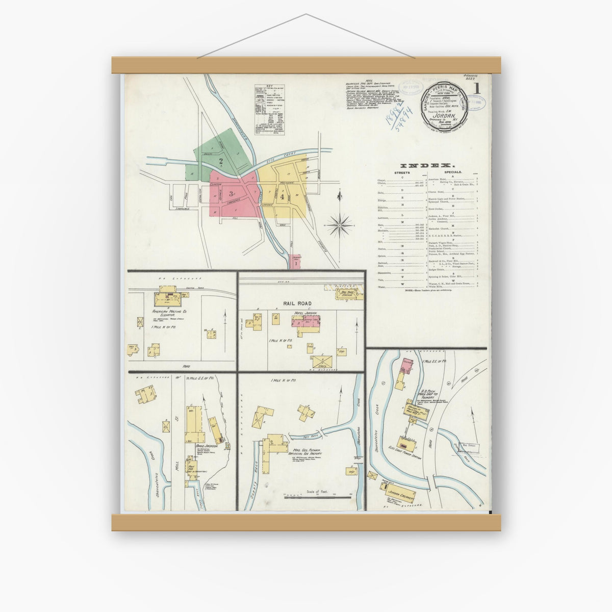 Old map wall art mockup — magnetic wood frame on white wall — Sanborn Fire Insurance Map from Jordan, Onondaga County, New York (1898) - Complete Map Set