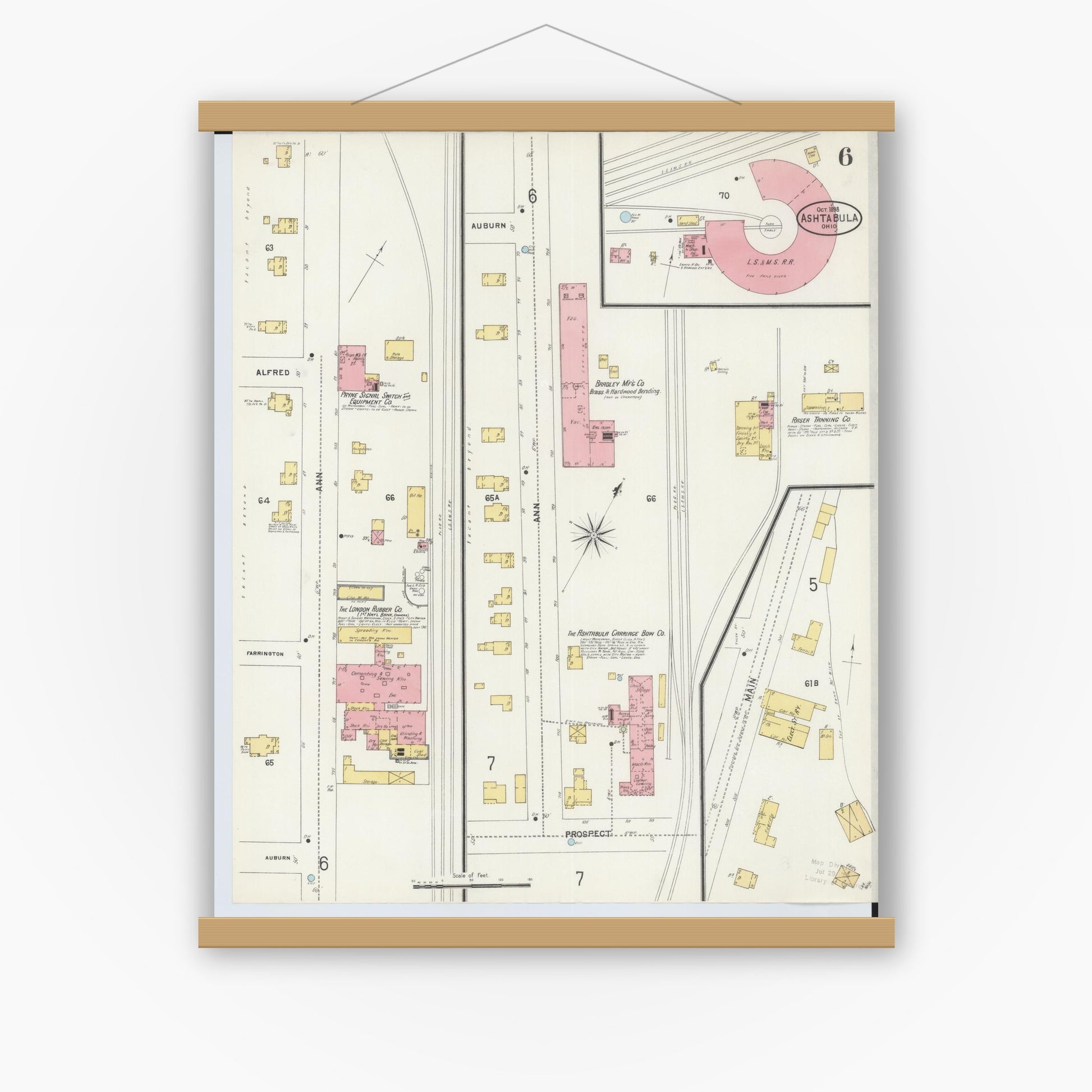 Old map wall art mockup — magnetic wood frame on white wall — Sanborn Fire Insurance Map from Ashtabula, Ashtabula County, Ohio (1898), Sheet #0006