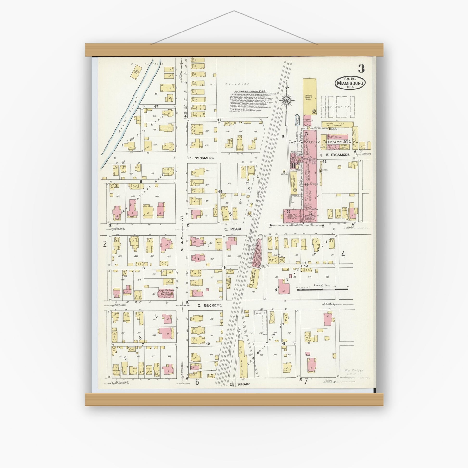 Old map wall art mockup — magnetic wood frame on white wall — Sanborn Fire Insurance Map from Miamisburg, Montgomery County, Ohio (1911), Sheet #0003