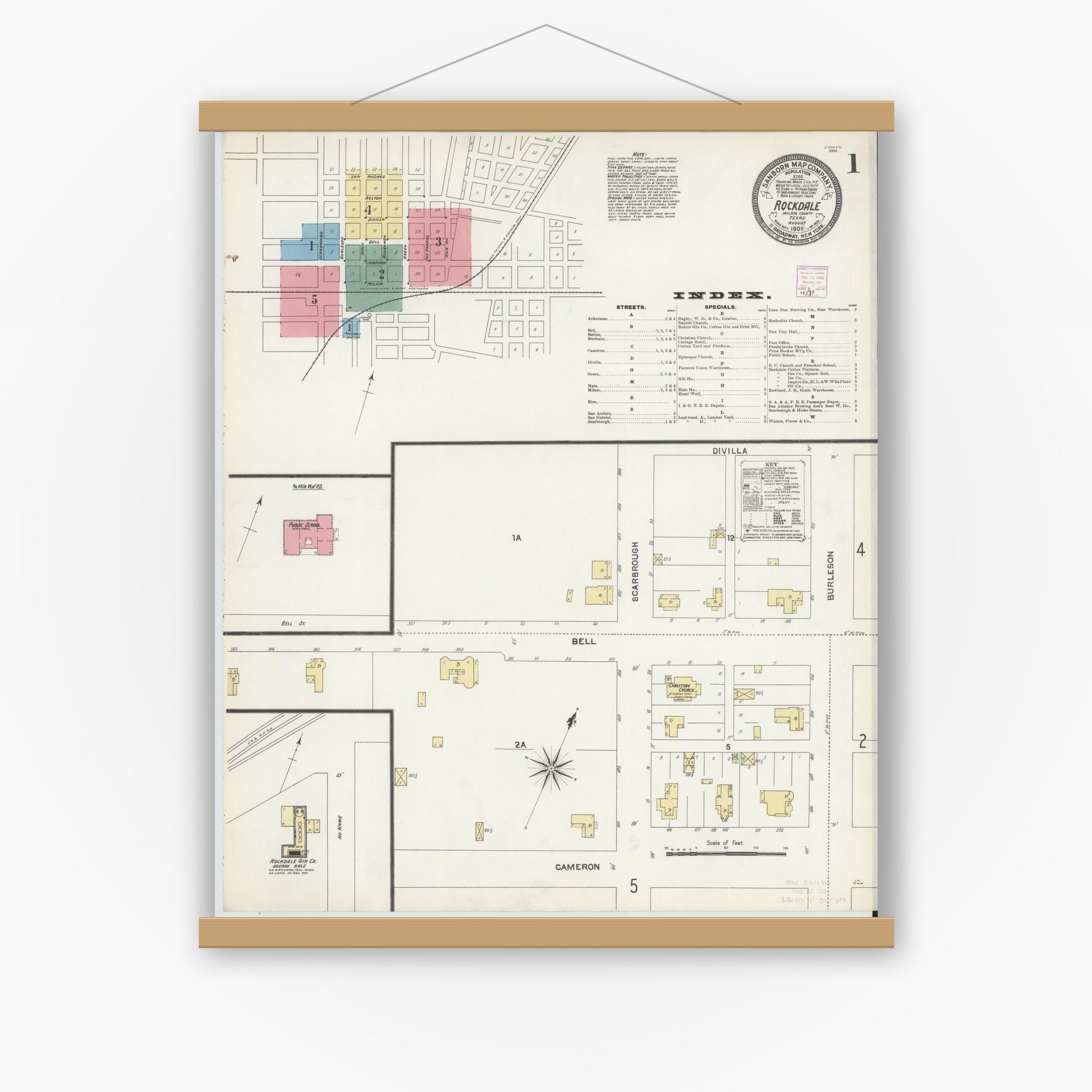 Old map wall art mockup — magnetic wood frame on white wall — Sanborn Fire Insurance Map from Rockdale, Milam County, Texas (1906) - Complete Map Set