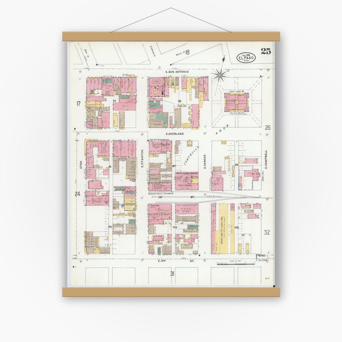 Old map wall art mockup — magnetic wood frame on white wall — Sanborn Fire Insurance Map from El Paso, El Paso County, Texas (1905), Sheet #0025