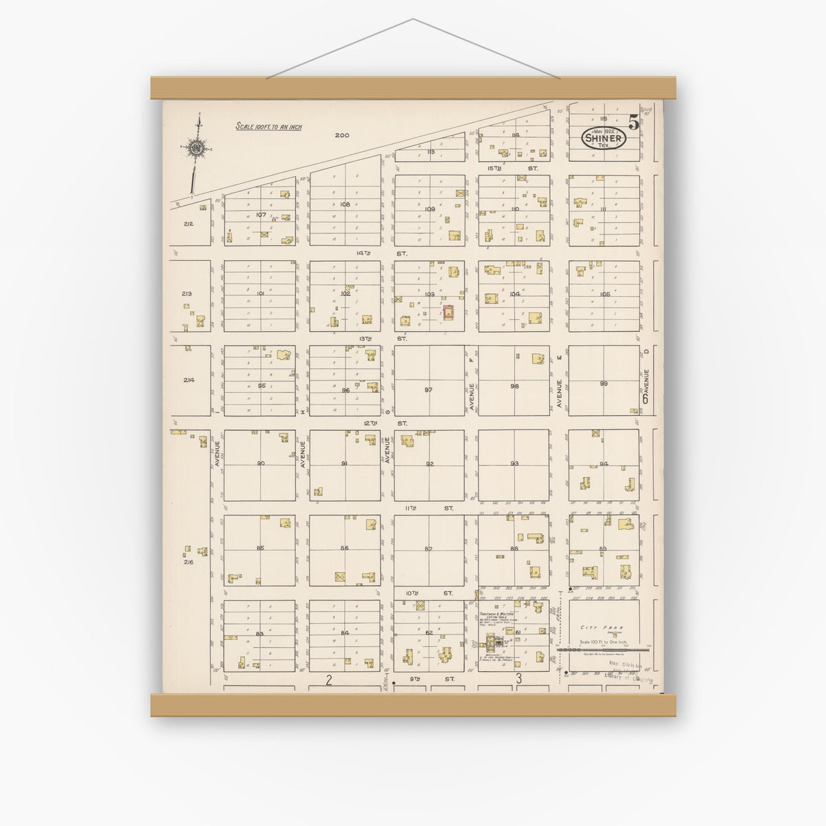 Old map wall art mockup — magnetic wood frame on white wall — Sanborn Fire Insurance Map from Shiner, Lavaca County, Texas (1922), Sheet #0005