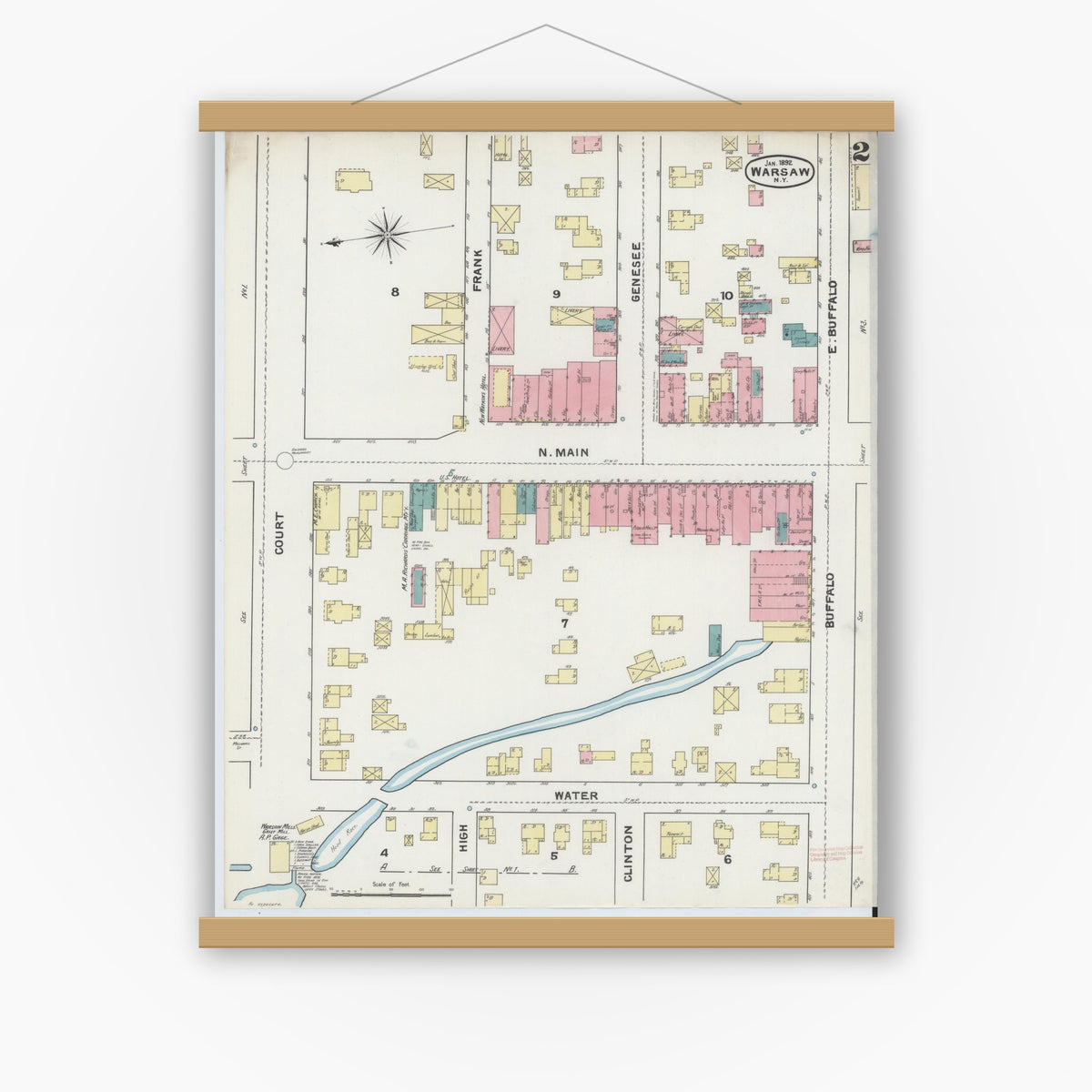 Old map wall art mockup — magnetic wood frame on white wall — Sanborn Fire Insurance Map from Warsaw, Wyoming County, New York (1892), Sheet #0002