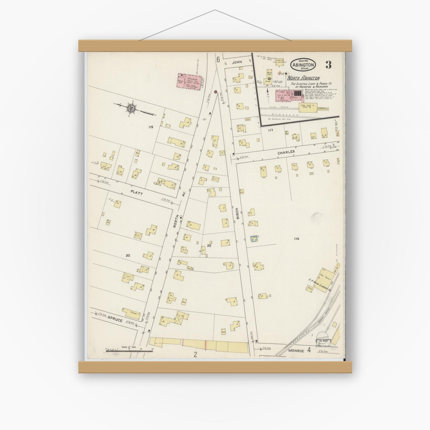 Old map wall art mockup — magnetic wood frame on white wall — Sanborn Fire Insurance Map from Abington, Plymouth County, Massachusetts (1915), Sheet #0003