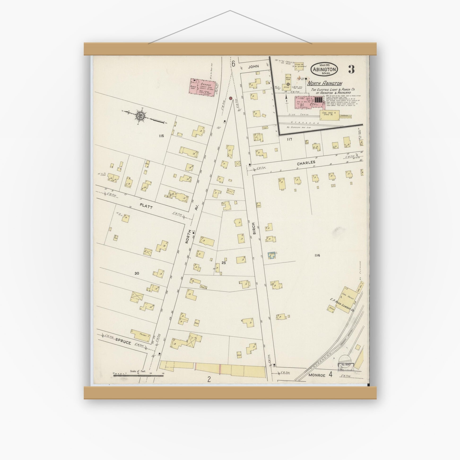 Old map wall art mockup — magnetic wood frame on white wall — Sanborn Fire Insurance Map from Abington, Plymouth County, Massachusetts (1915), Sheet #0003