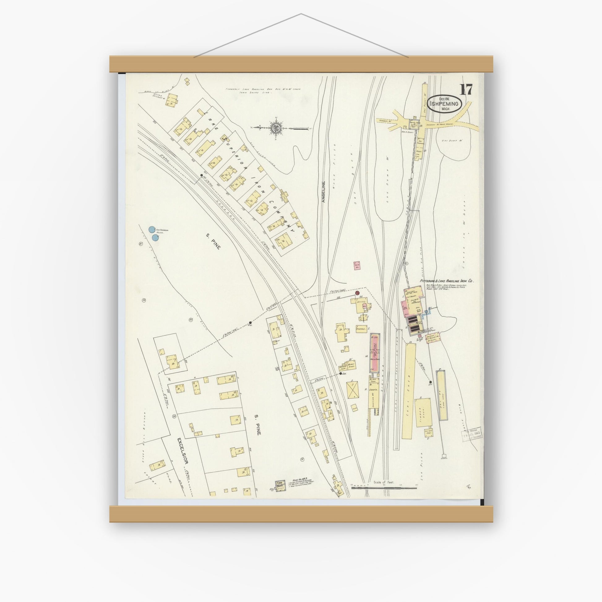 Old map wall art mockup — magnetic wood frame on white wall — Sanborn Fire Insurance Map from Ishpeming, Marquette County, Michigan (1911), Sheet #0017
