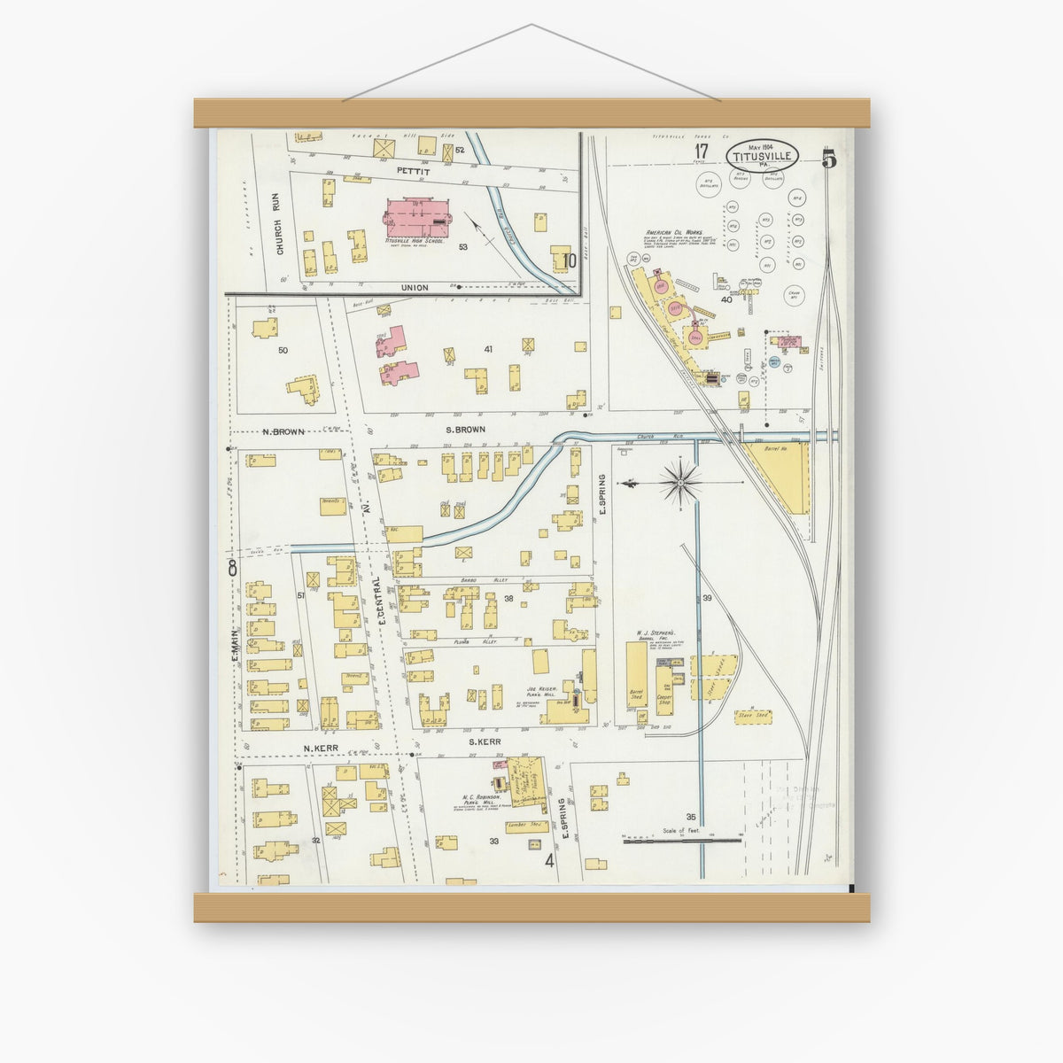 Old map wall art mockup — magnetic wood frame on white wall — Sanborn Fire Insurance Map from Titusville, Crawford County, Pennsylvania (1904), Sheet #0005