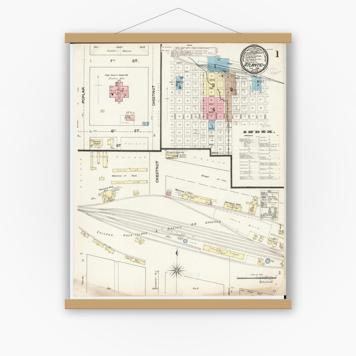 Old map wall art mockup — magnetic wood frame on white wall — Sanborn Fire Insurance Map from Atlantic, Cass County, Iowa (1888) â€” Complete Set
