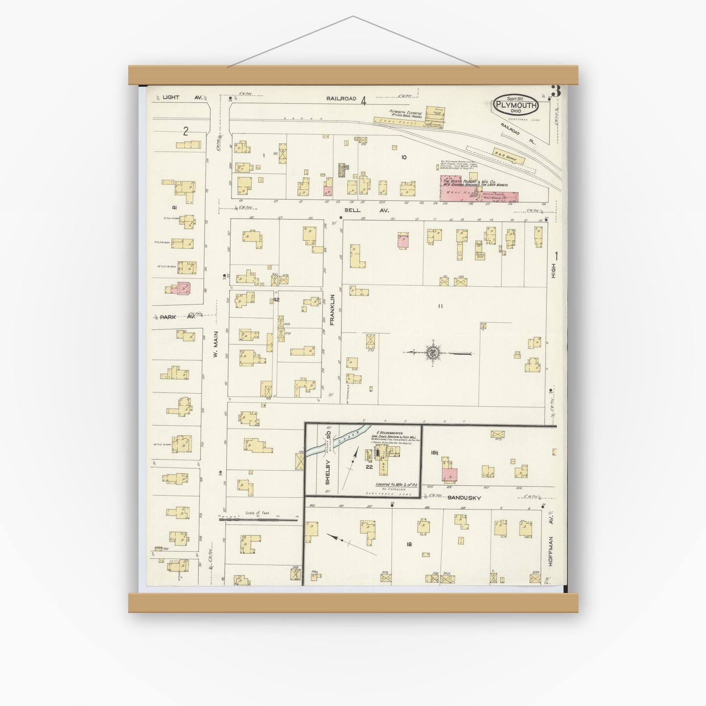 Old map wall art mockup — magnetic wood frame on white wall — Sanborn Fire Insurance Map from Plymouth, Huron And Richland Counties, Ohio (1911), Sheet #0003