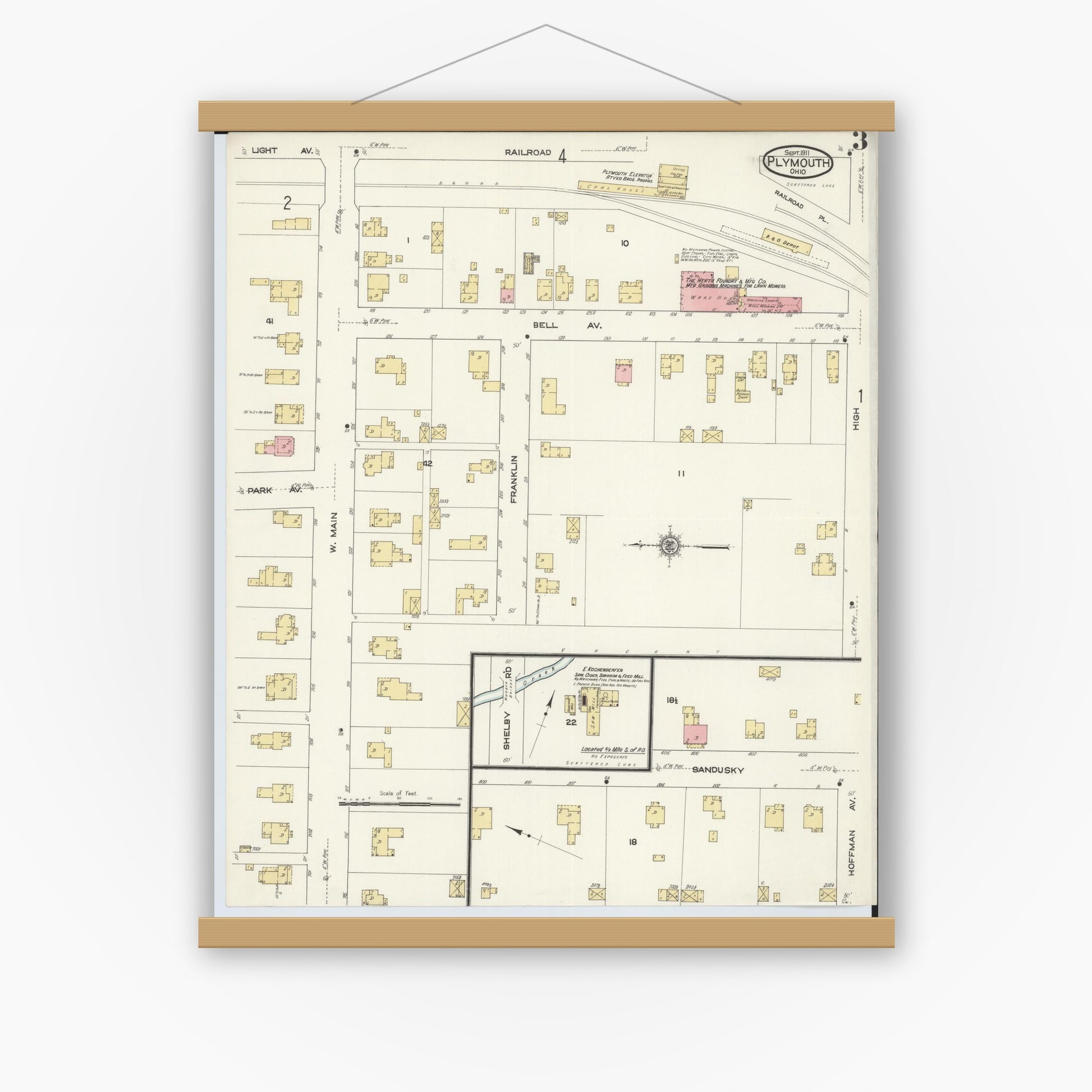 Old map wall art mockup — magnetic wood frame on white wall — Sanborn Fire Insurance Map from Plymouth, Huron And Richland Counties, Ohio (1911), Sheet #0003