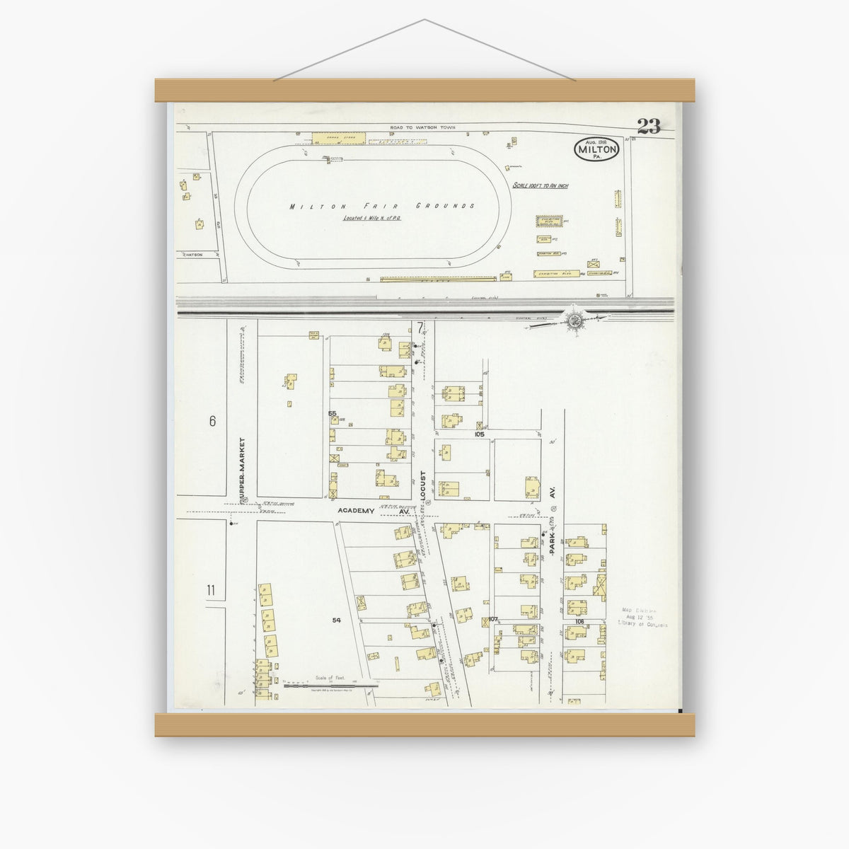 Old map wall art mockup — magnetic wood frame on white wall — Sanborn Fire Insurance Map from Milton, Northumberland County, Pennsylvania (1918), Sheet #0023