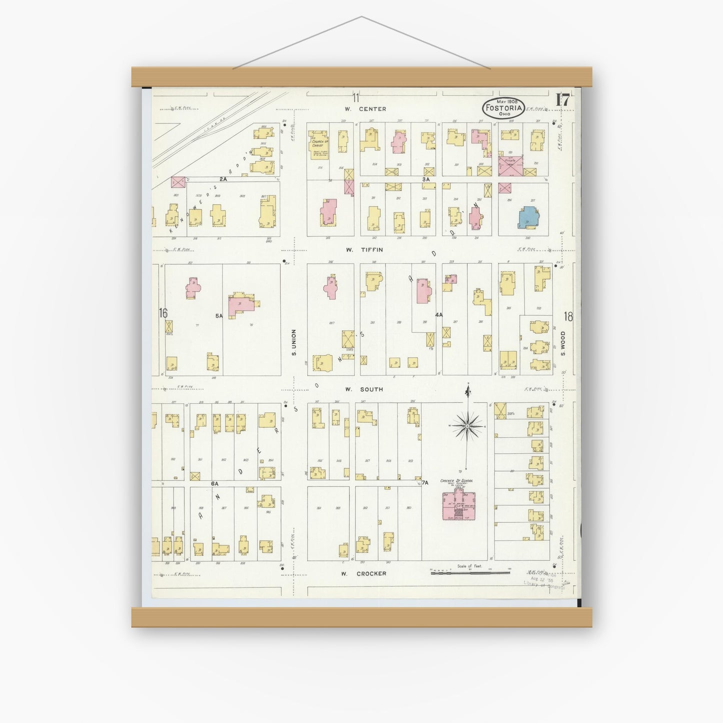 Old map wall art mockup — magnetic wood frame on white wall — Sanborn Fire Insurance Map from Fostoria, Seneca, Hancock, And Wood Counties, Ohio (1908), Sheet #0017
