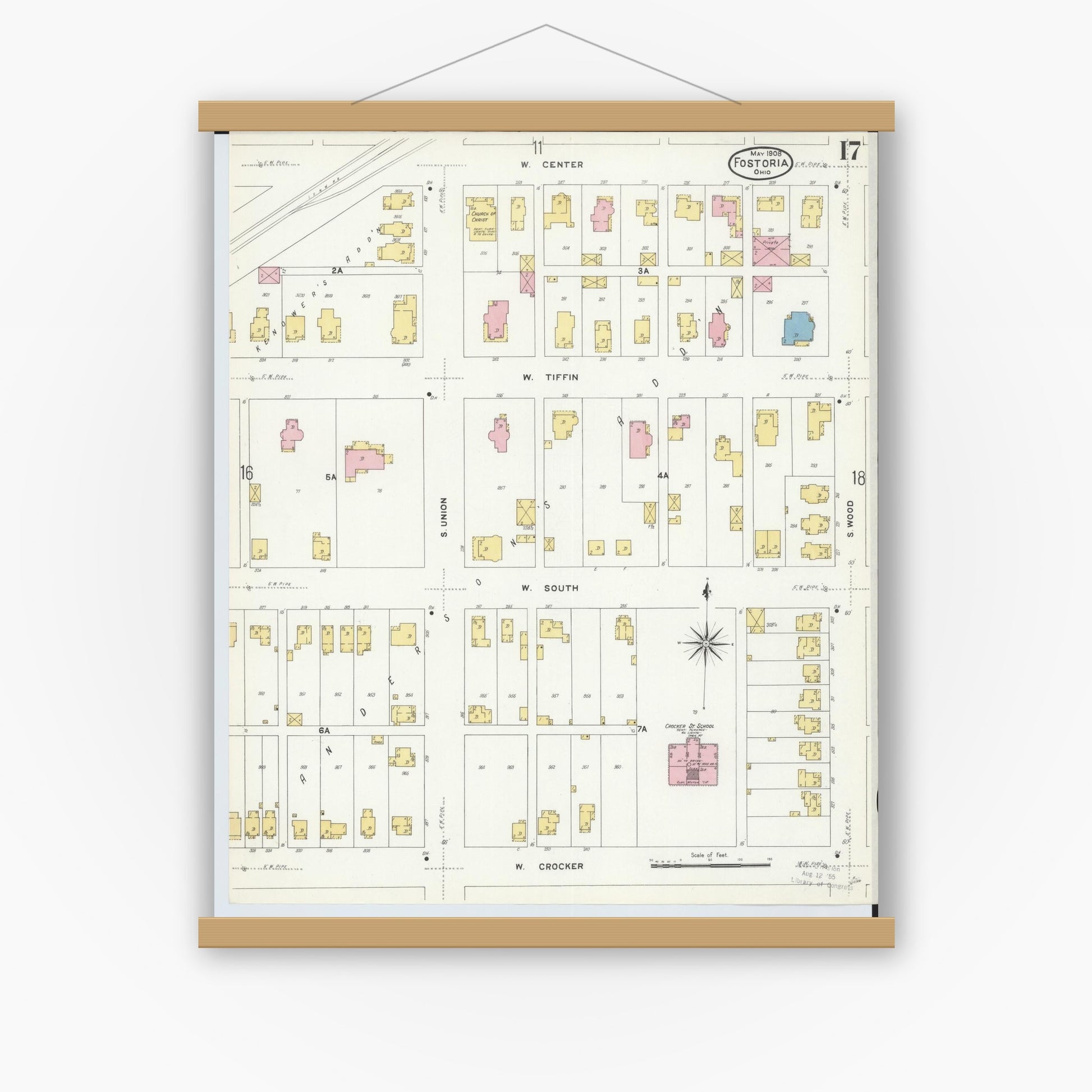 Old map wall art mockup — magnetic wood frame on white wall — Sanborn Fire Insurance Map from Fostoria, Seneca, Hancock, And Wood Counties, Ohio (1908), Sheet #0017