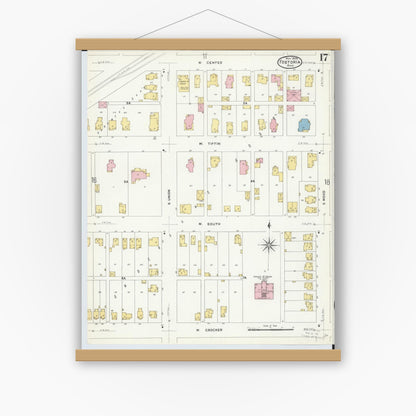 Old map wall art mockup — magnetic wood frame on white wall — Sanborn Fire Insurance Map from Fostoria, Seneca, Hancock, And Wood Counties, Ohio (1908), Sheet #0017