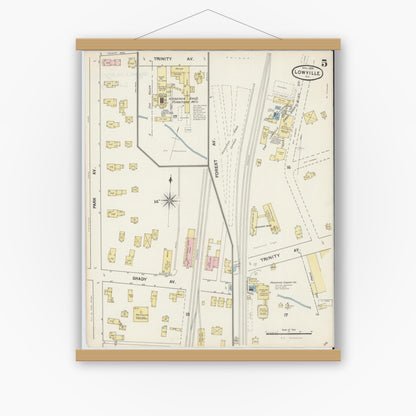 Old map wall art mockup — magnetic wood frame on white wall — Sanborn Fire Insurance Map from Lowville, Lewis County, New York (1890), Sheet #0005