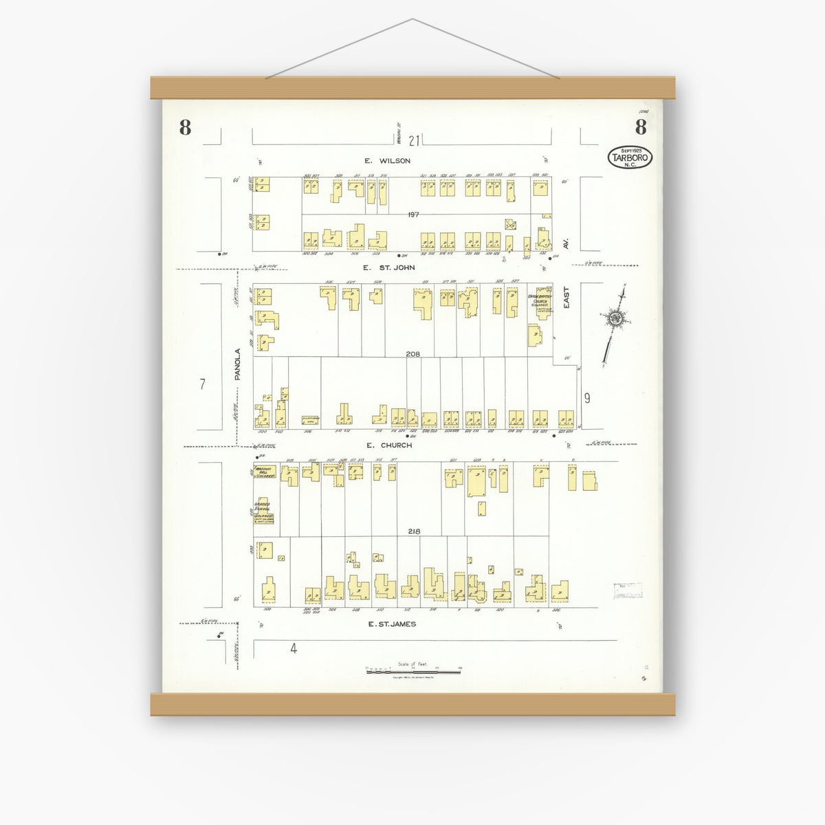Old map wall art mockup — magnetic wood frame on white wall — Sanborn Fire Insurance Map from Tarboro, Edgecombe County, North Carolina (1923), Sheet #0008