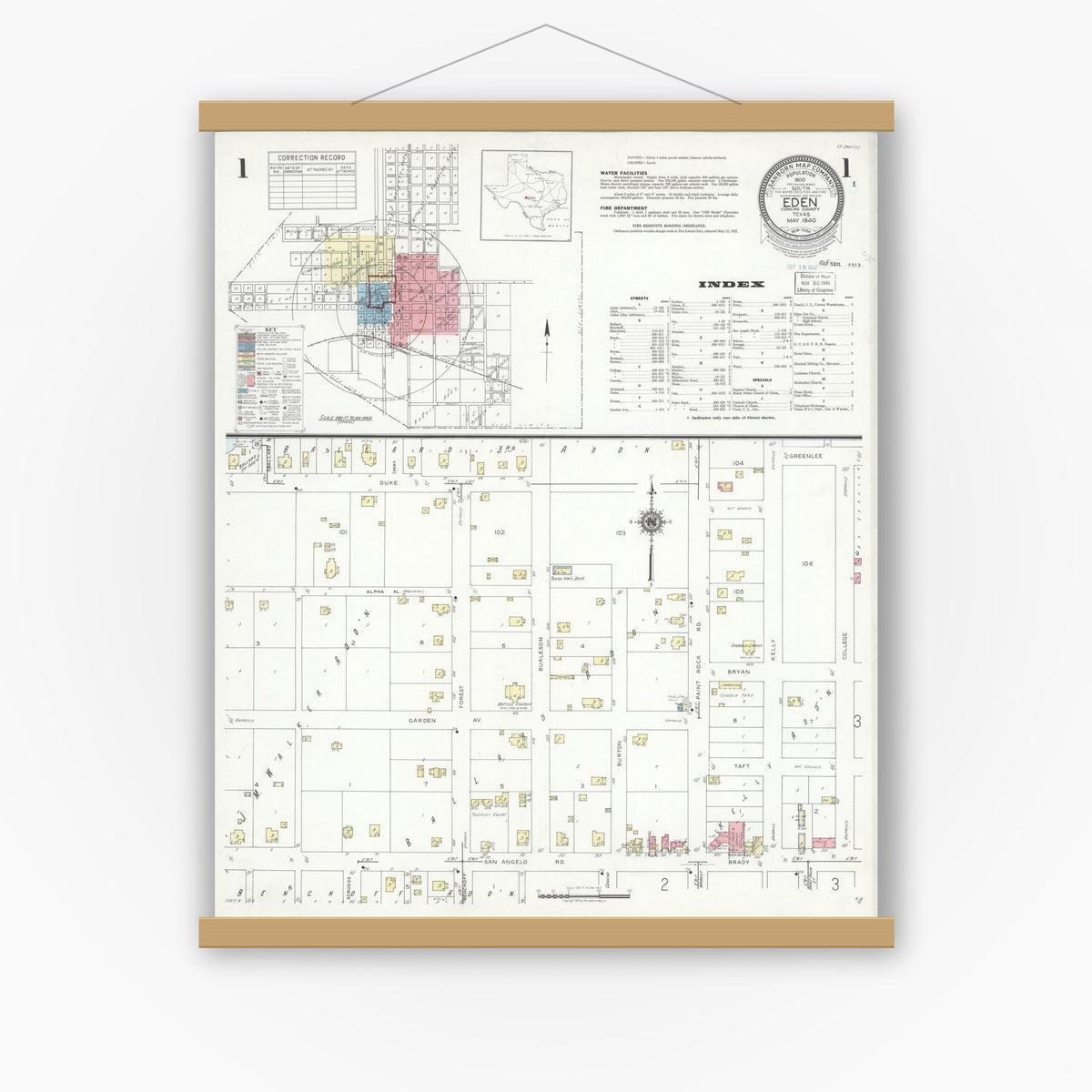Old map wall art mockup — magnetic wood frame on white wall — Sanborn Fire Insurance Map from Eden, Concho County, Texas (1940) - Complete Map Set