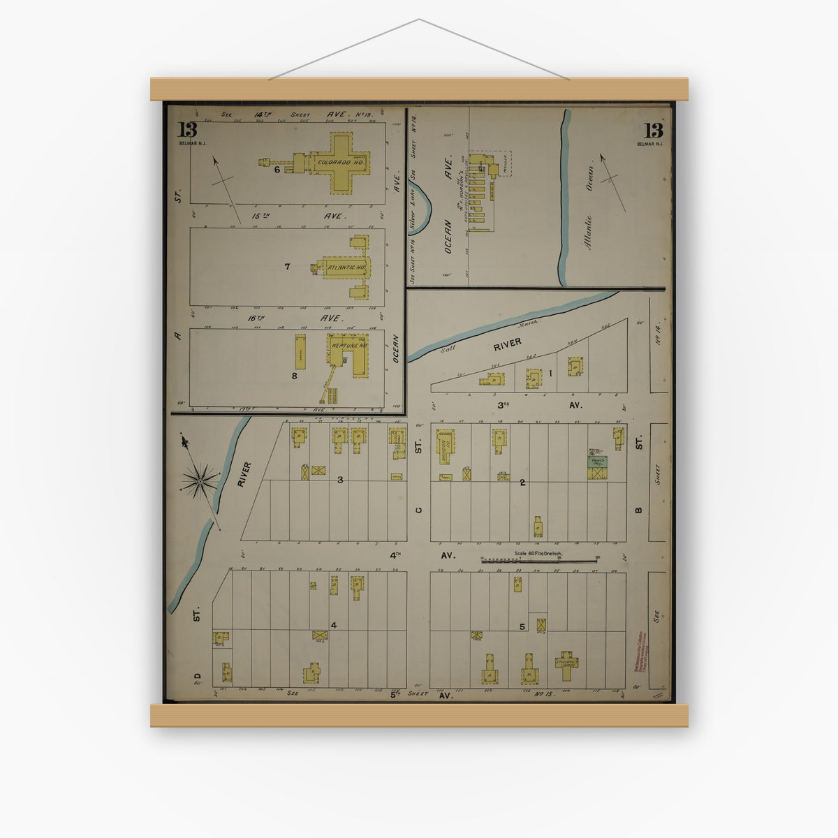 Old map wall art mockup — magnetic wood frame on white wall — Sanborn Fire Insurance Map from New Jersey Coast, New Jersey Coast, New Jersey (1890), Sheet #0013