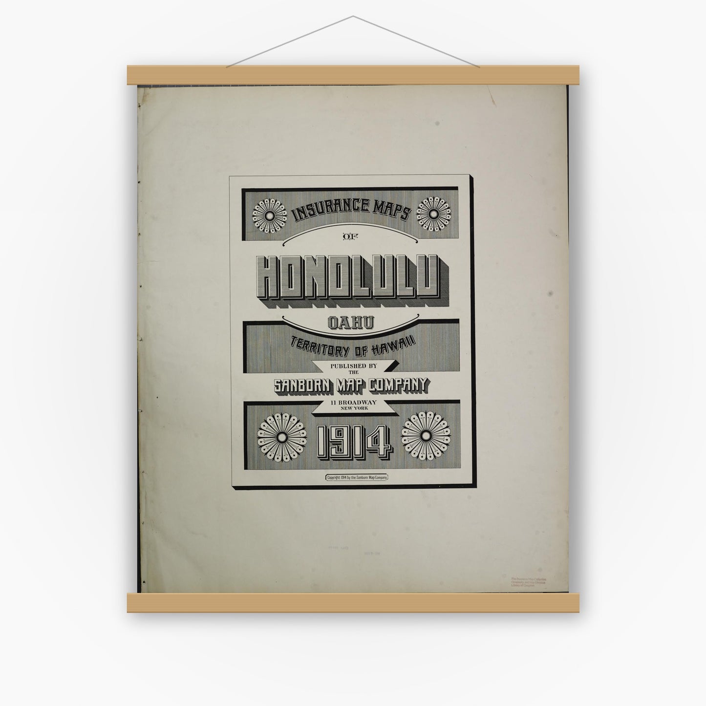 Old map wall art mockup — magnetic wood frame on white wall — Sanborn Fire Insurance Map from Honolulu, Oahu County, Hawaii (1914), Sheet #0001
