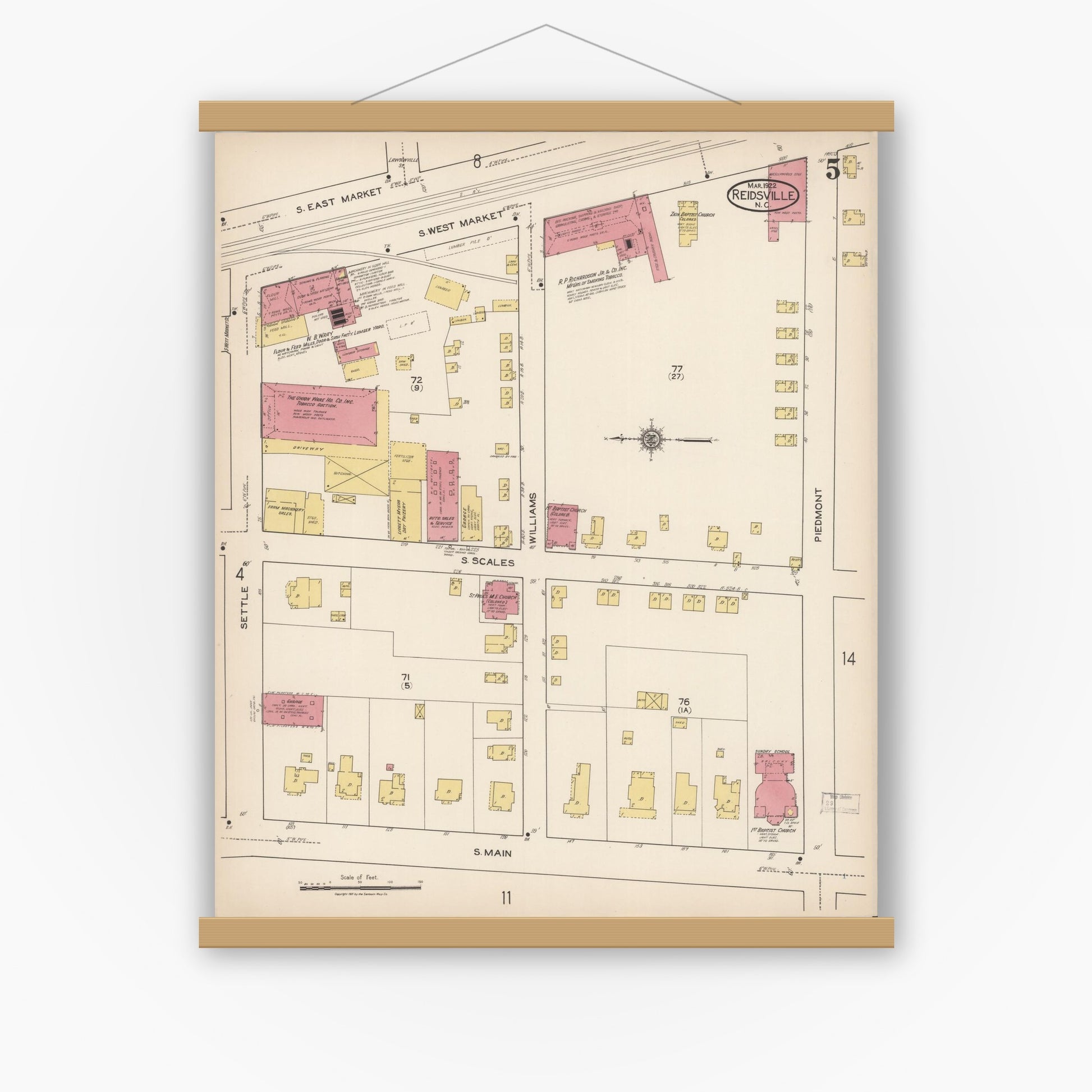 Old map wall art mockup — magnetic wood frame on white wall — Sanborn Fire Insurance Map from Reidsville, Rockingham County, North Carolina (1922), Sheet #0005