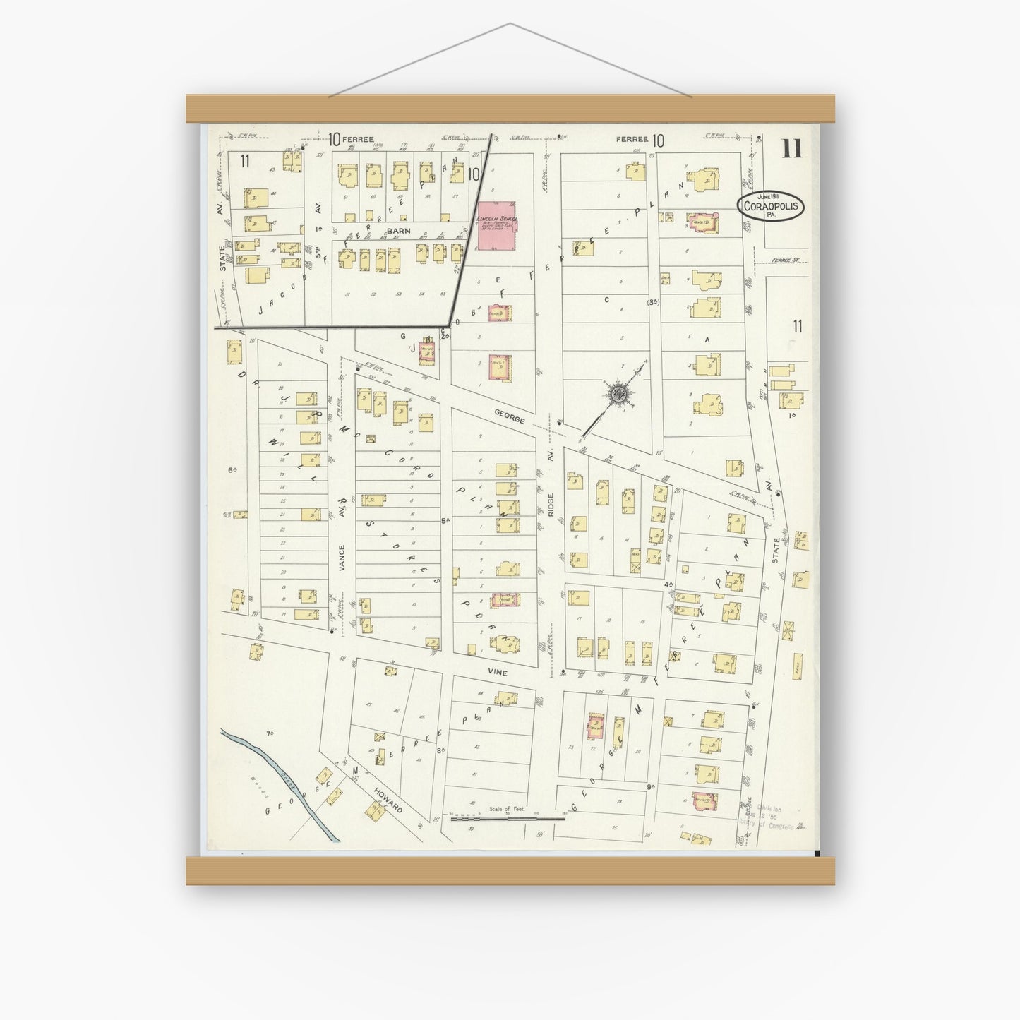 Old map wall art mockup — magnetic wood frame on white wall — Sanborn Fire Insurance Map from Coraopolis, Allegheny County, Pennsylvania (1911), Sheet #0011