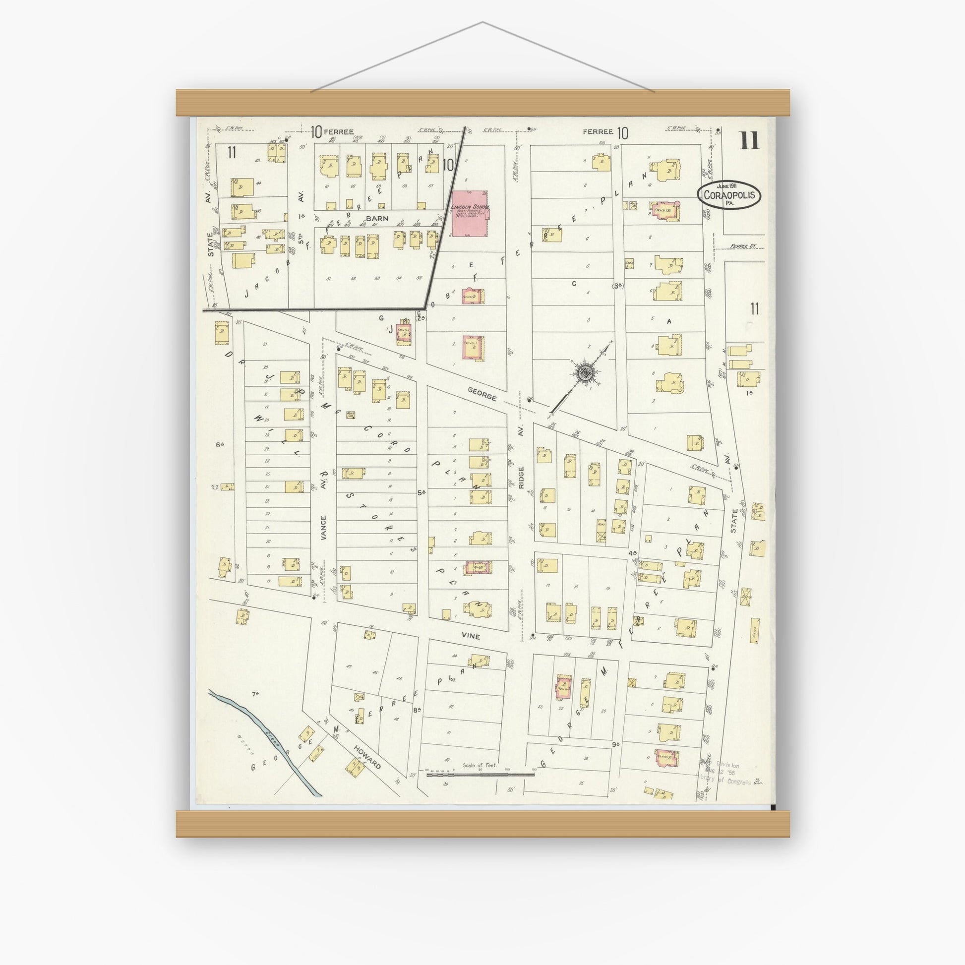 Old map wall art mockup — magnetic wood frame on white wall — Sanborn Fire Insurance Map from Coraopolis, Allegheny County, Pennsylvania (1911), Sheet #0011