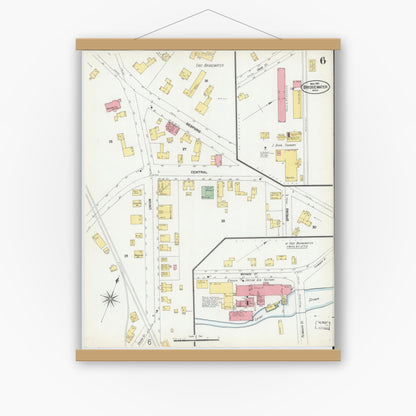 Old map wall art mockup — magnetic wood frame on white wall — Sanborn Fire Insurance Map from Bridgewater, Plymouth County, Massachusetts (1901), Sheet #0006