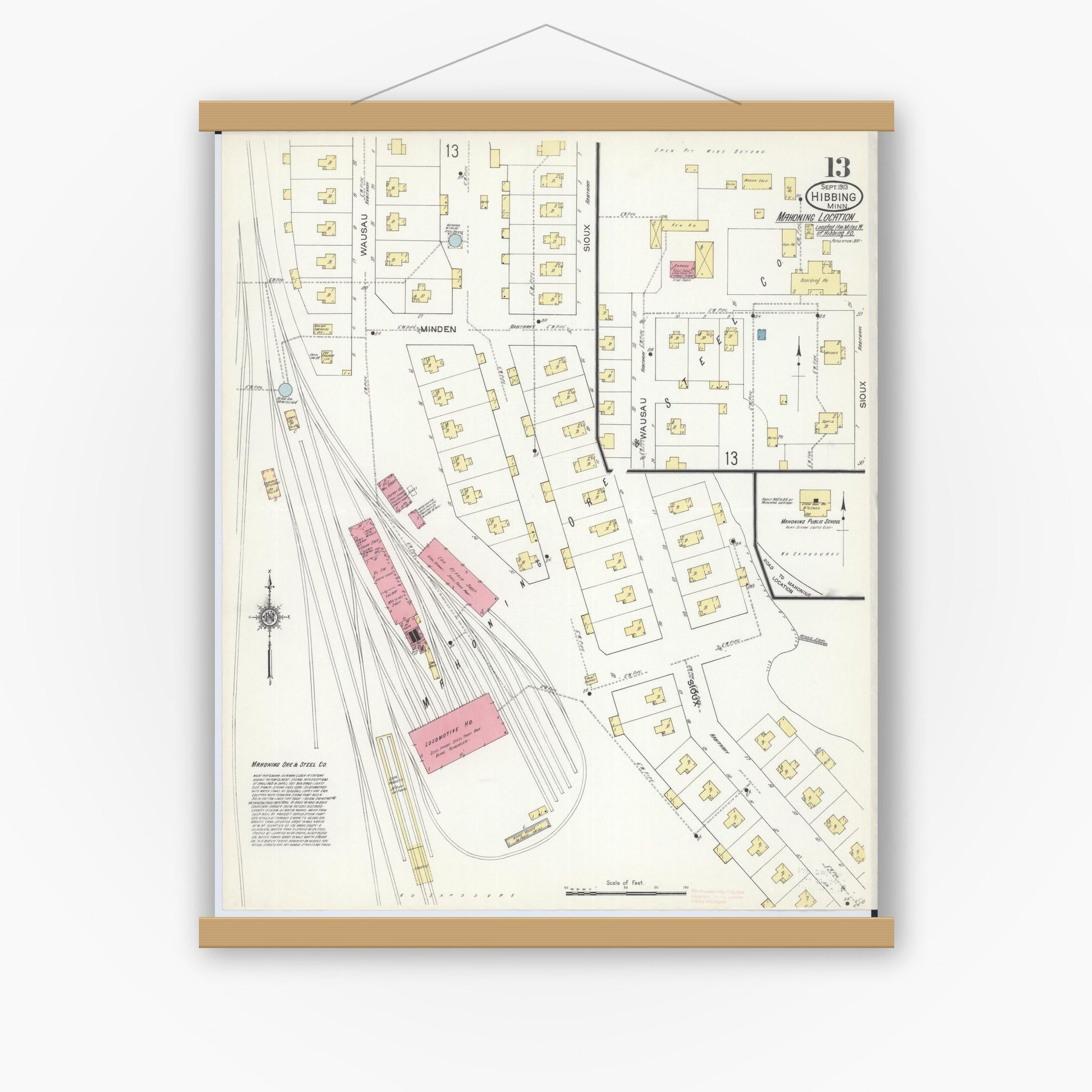 Old map wall art mockup — magnetic wood frame on white wall — Sanborn Fire Insurance Map from Hibbing, Saint Louis County, Minnesota (1913), Sheet #0013