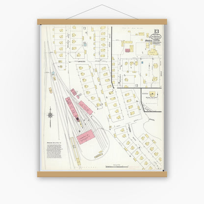 Old map wall art mockup — magnetic wood frame on white wall — Sanborn Fire Insurance Map from Hibbing, Saint Louis County, Minnesota (1913), Sheet #0013