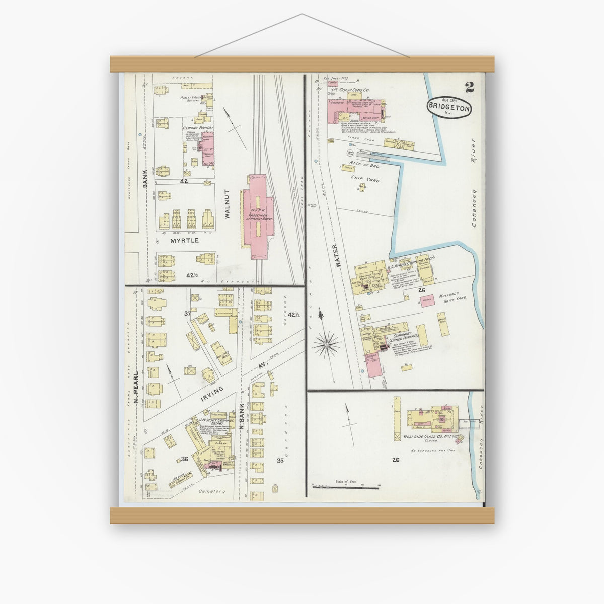 Old map wall art mockup — magnetic wood frame on white wall — Sanborn Fire Insurance Map from Bridgeton, Cumberland County, New Jersey (1891) - Complete Map Set