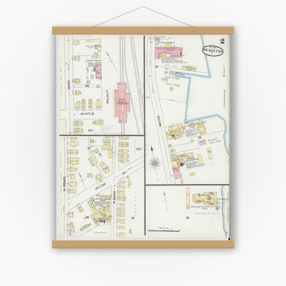 Old map wall art mockup — magnetic wood frame on white wall — Sanborn Fire Insurance Map from Bridgeton, Cumberland County, New Jersey (1891) - Complete Map Set