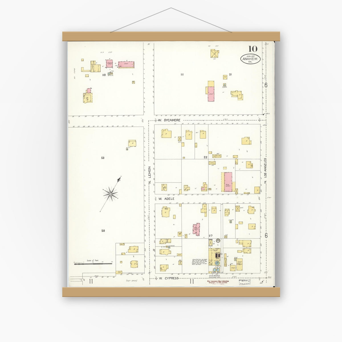 Old map wall art mockup — magnetic wood frame on white wall — Sanborn Fire Insurance Map from Anaheim, Orange County, California (1907), Sheet #0010