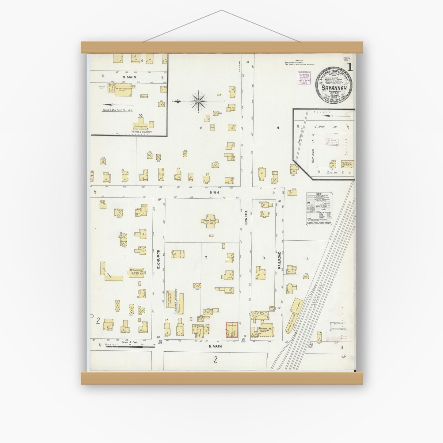 Old map wall art mockup — magnetic wood frame on white wall — Sanborn Fire Insurance Map from Savannah, Wayne County, New York (1906) - Complete Map Set